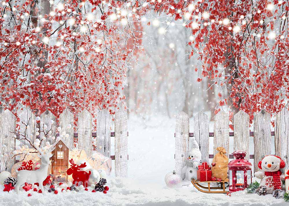 Avezano Winter Red Leaves in Snow Photography Backdrop-AVEZANO