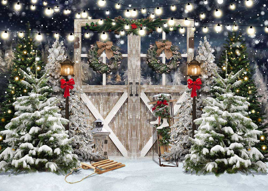 Avezano Wooden Door and Christmas Tree Photography Backdrop-AVEZANO