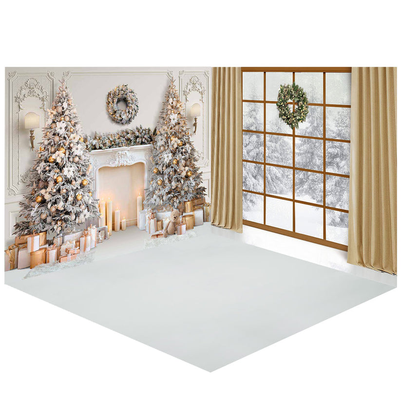 Avezano Christmas Tree and fireplace Photography Backdrop Room Set