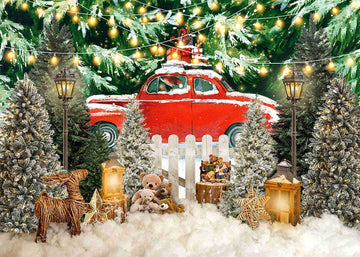 Avezano Christmas Lights and Red Car Photography Backdrop-AVEZANO