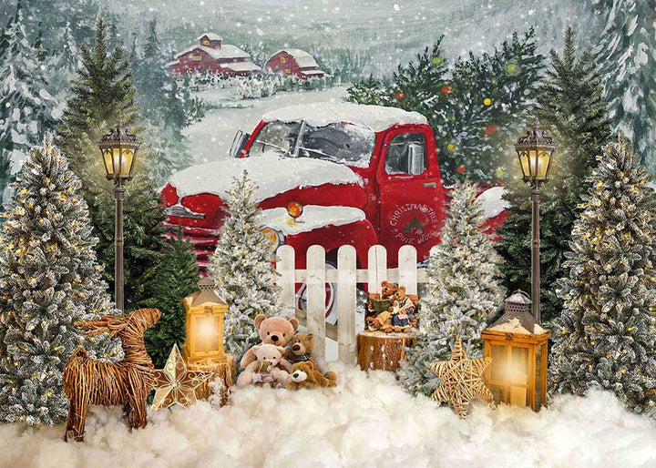Avezano Snow Day Red Truck Photography Backdrop-AVEZANO