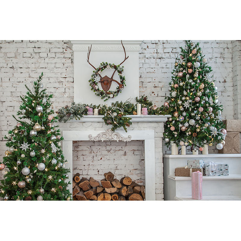 Avezano Christmas Tree And Wreath Above The Fireplace Photography Backdrop For Christmas-AVEZANO