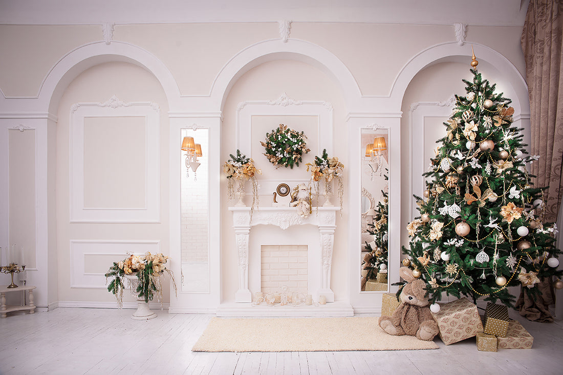 Avezano Christmas Tree In A White Room Photography Backdrop for Christmas-AVEZANO