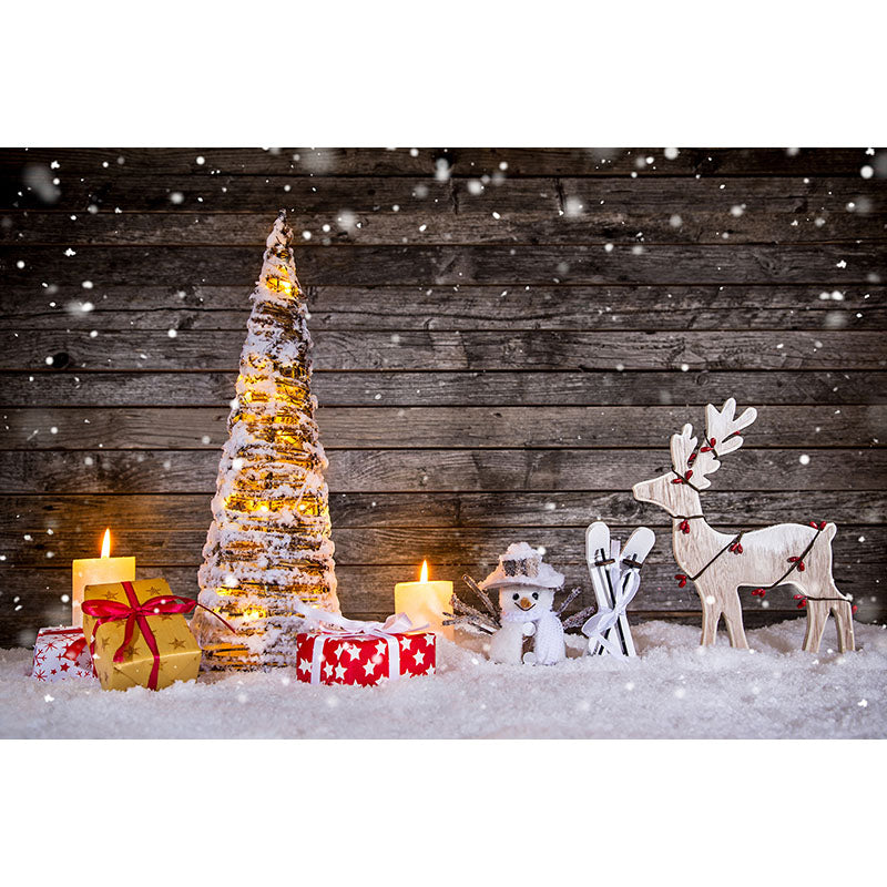 Avezano Wood Style Christmas Tree And Elk In The Snow Photography Backdrop For Christmas-AVEZANO