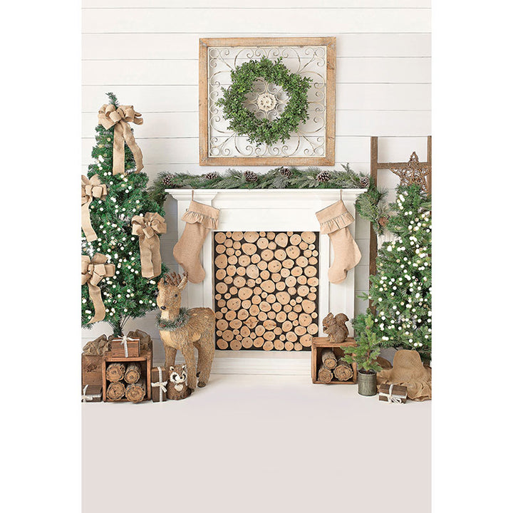 Avezano Christmas Trees And Fireplace With Socks Photography Backdrop For Christmas-AVEZANO