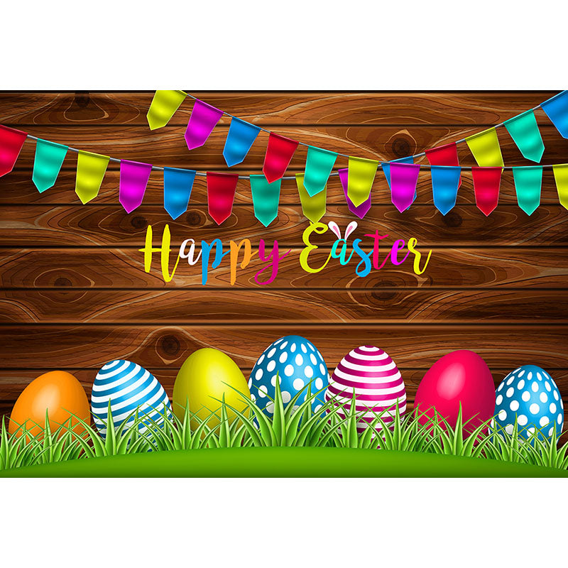 Avezano Wood Wall And Happy Easter Eggs Photography Backdrop For Easter-AVEZANO