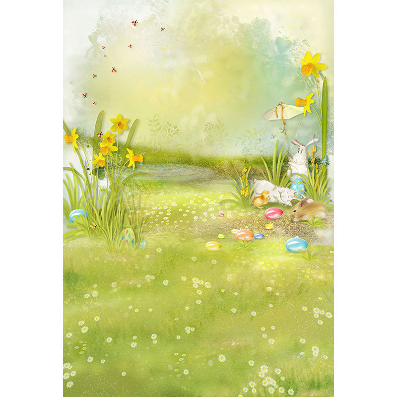 Avezano Cartoon Lawn And Rabbits Spring Photography Backdrop For Children