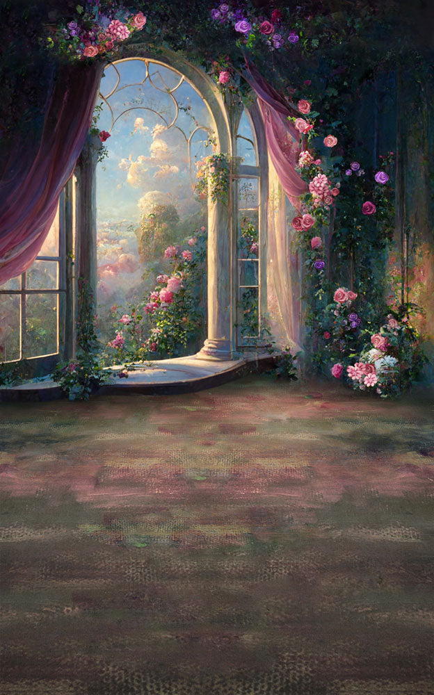 Avezano Pink Curtain Flowers Window Backdrops For Photography-AVEZANO