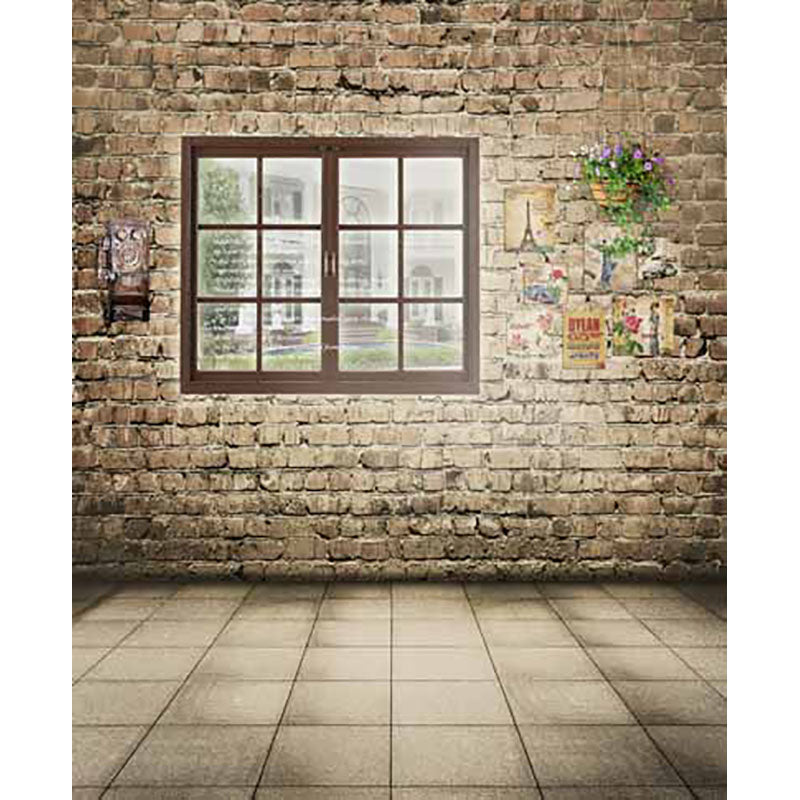 Avezano Khaki Brick Walls Backdrop With Window And Stone Floor For Photography-AVEZANO