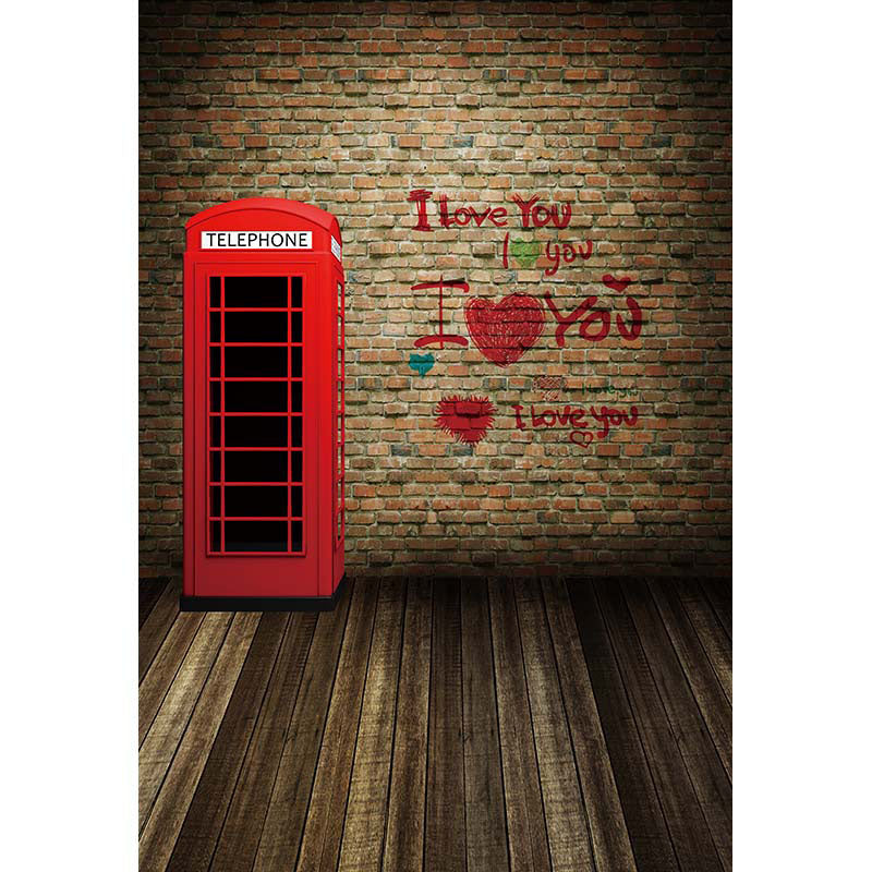 Avezano Brick Wall Backdrop With Red Telephone Booth And Wood Floor For Photography-AVEZANO