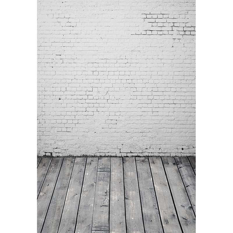Avezano Milky White Brick Wall Backdrop With Gray Wood Floor For Photography-AVEZANO