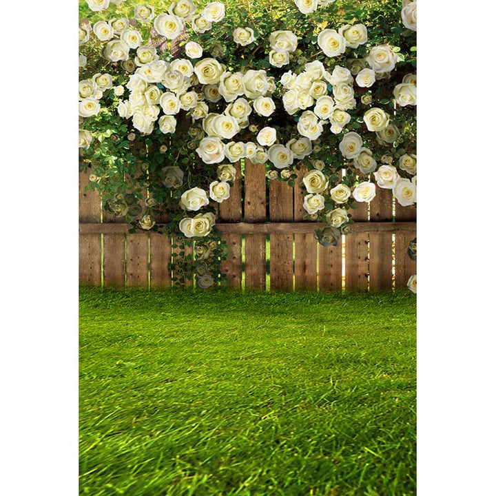 Avezano Green Lawn And Wooden Fence With Flowers Photography Backdrop For Wedding-AVEZANO