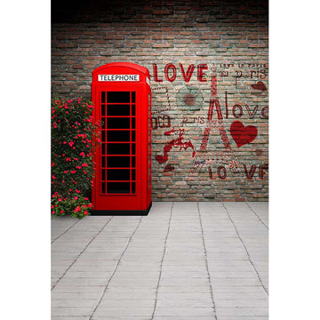Avezano Brick Wall Backdrop With Telephone Booth And Flowers And Stone Floor For Photography-AVEZANO