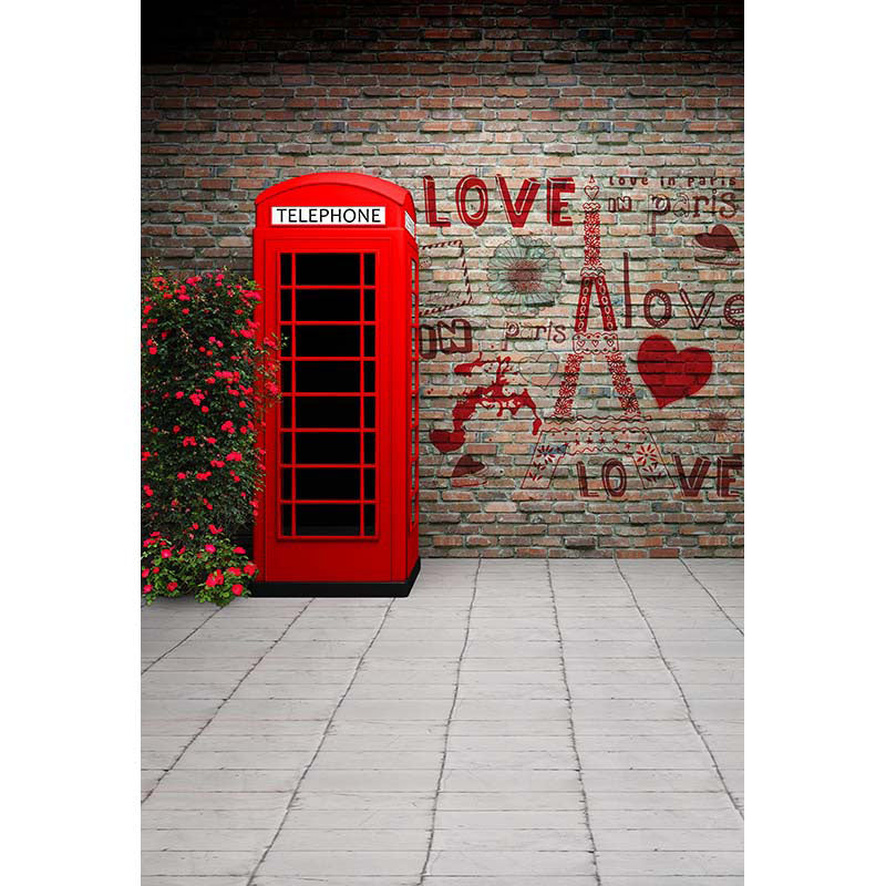 Avezano Brick Wall Backdrop With Telephone Booth And Flowers And Stone Floor For Photography-AVEZANO