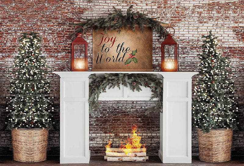 Avezano Christmas Vintage Brick Wall and Burning Fireplace Photography Backdrop Room Set