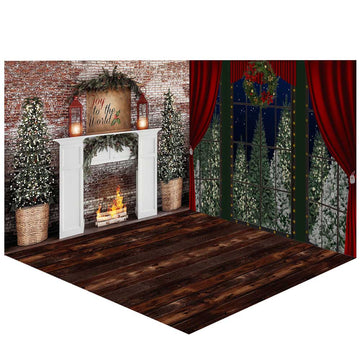 Avezano Christmas Vintage Brick Wall and Burning Fireplace Photography Backdrop Room Set-AVEZANO