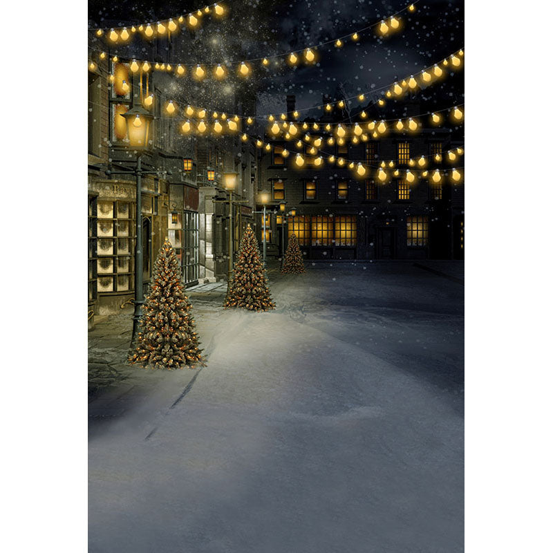 Avezano Street With Christmas Trees At Night Photography Backdrop For Christmas-AVEZANO