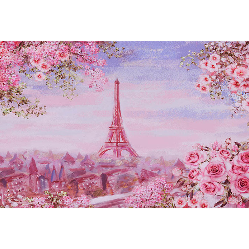 Avezano Pink Eiffel Tower And Flowers Floral Backdrop For Photography-AVEZANO
