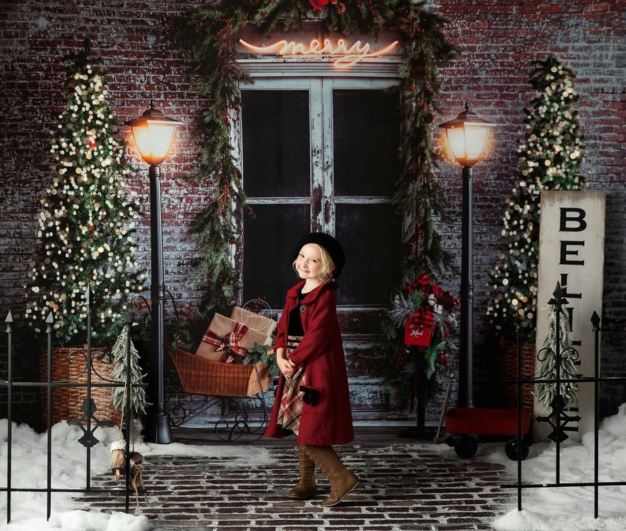 Avezano Christmas Tree in Front of Door Photography Backdrop