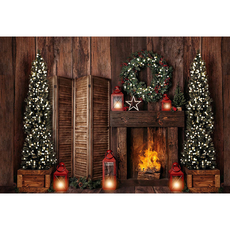 Avezano Wood Wall With Wreath And Christmas Tree Photography Backdrop-AVEZANO