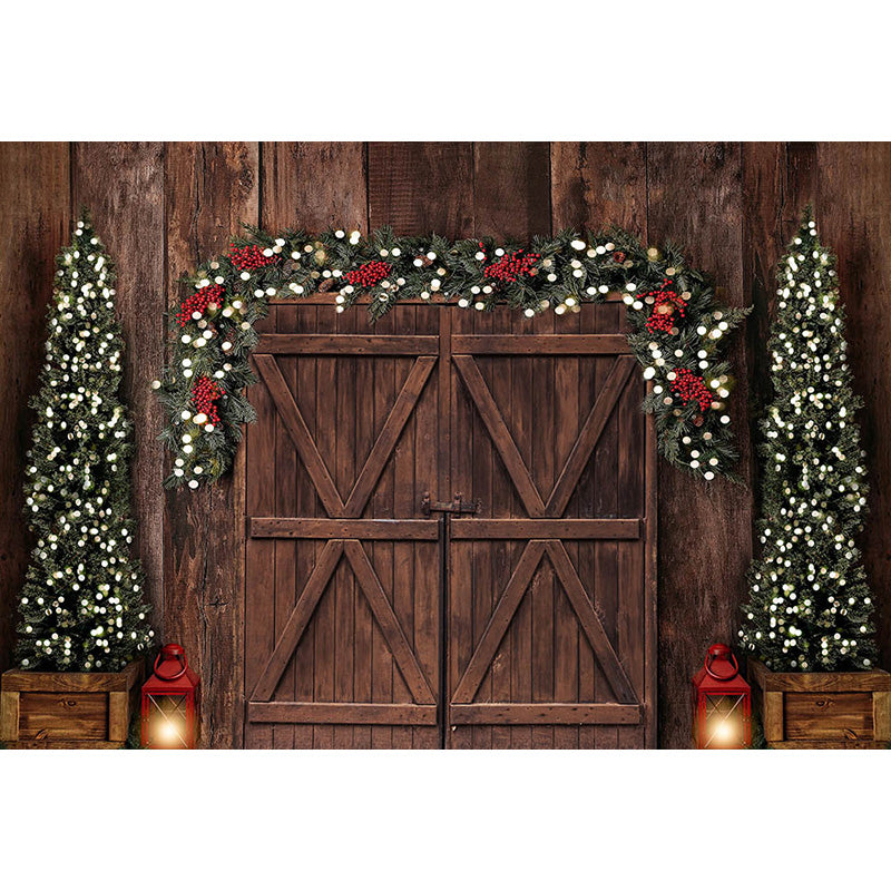 Avezano Wood Wall With Door And Christmas Trees Photography Backdrop