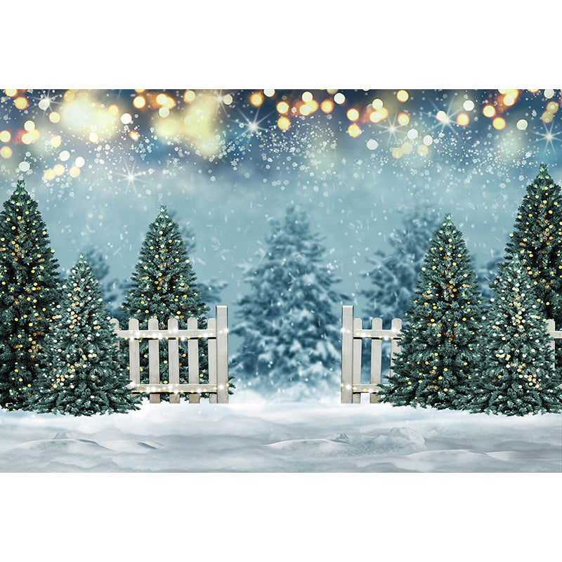 Avezano Snowy Christmas Trees and Fence Photography Backdrop