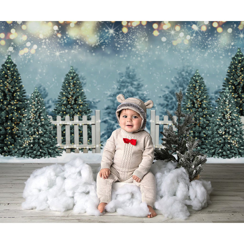 Avezano Snowy Christmas Trees and Fence Photography Backdrop holiday