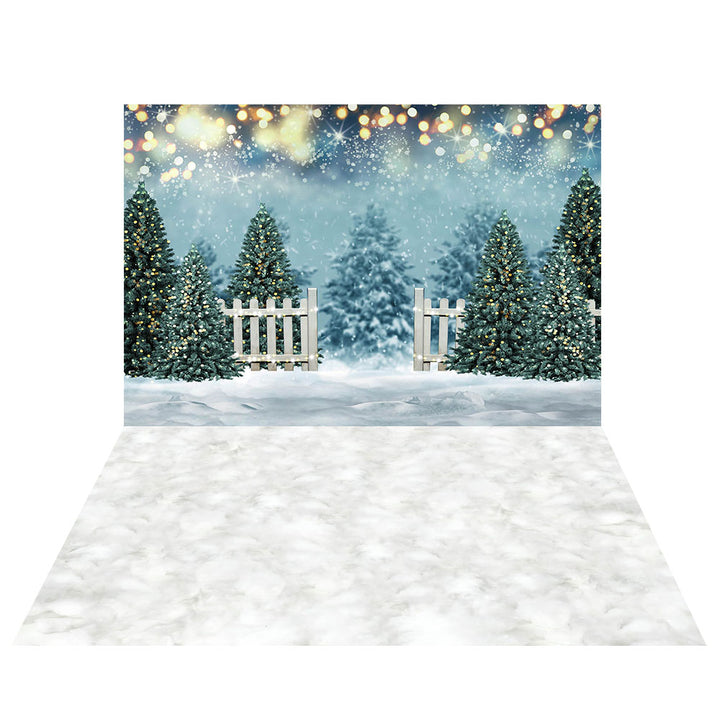 Avezano Snowy Christmas Trees And Fence 2 pcs Set Backdrop-AVEZANO