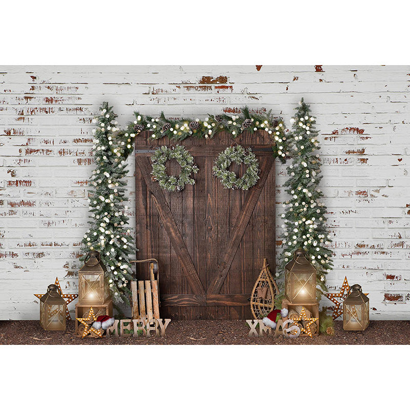 Avezano Wood Door With Christmas Wreath and Trees Photography Backdrop-AVEZANO
