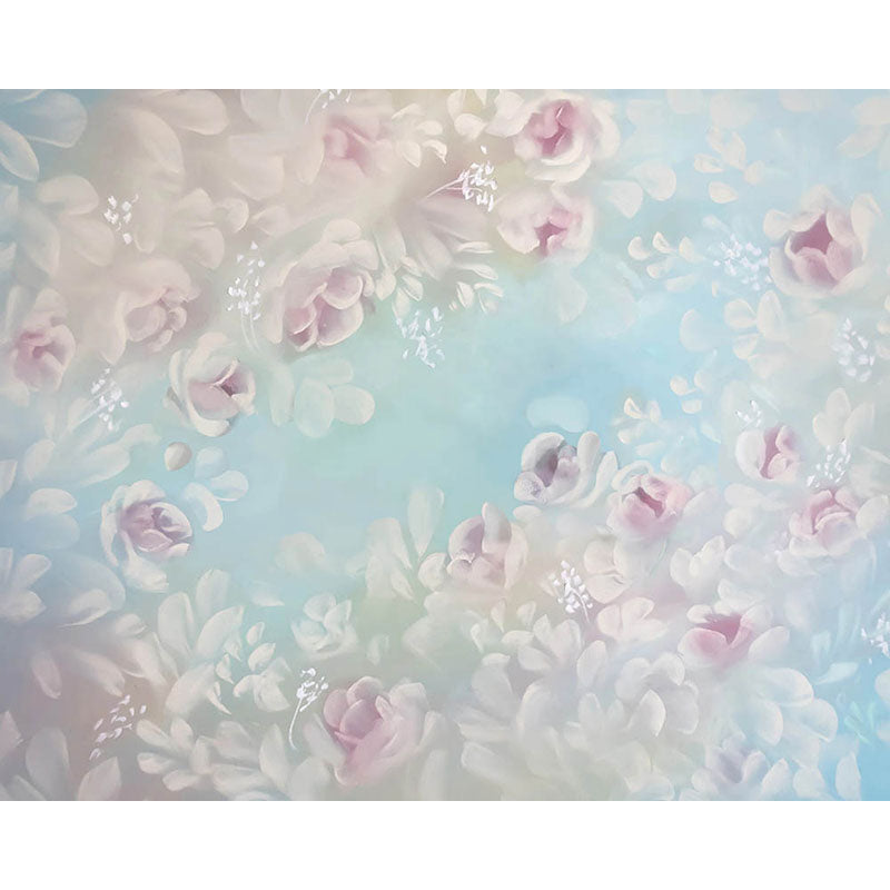 Avezano Light Blue And Pink Hand Painted Flowers Photography Backdrop-AVEZANO