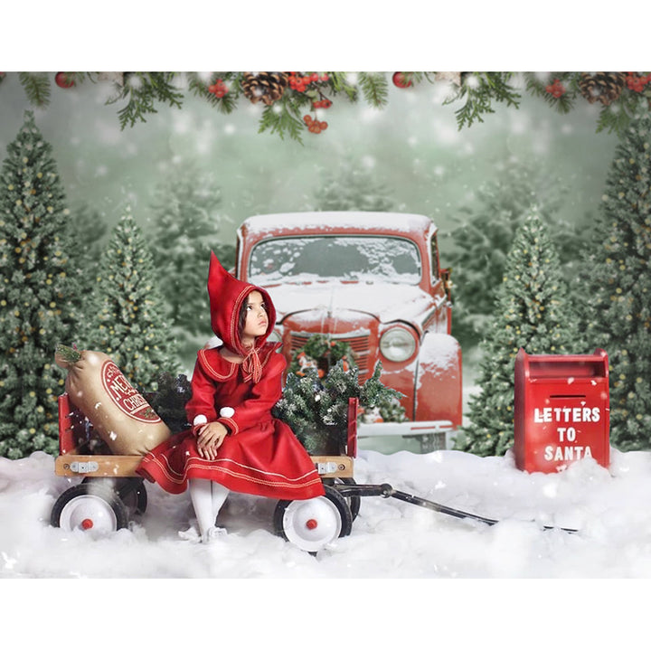 Avezano Snowy Car and Christmas Trees Photography Backdrop-AVEZANO