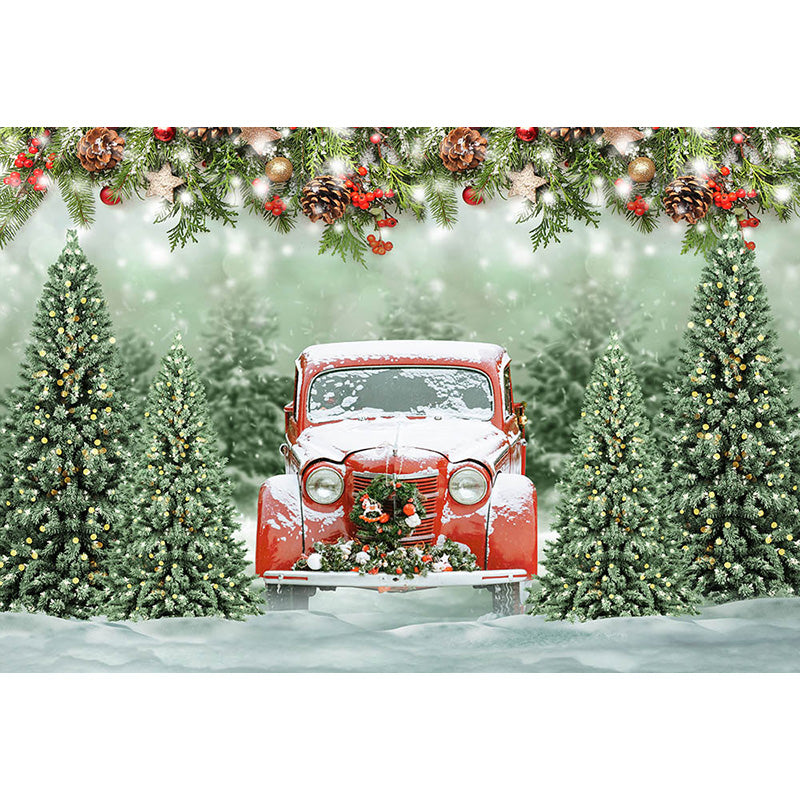 Avezano Snowy Car and Christmas Trees Photography Backdrop