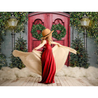 Avezano Red Door with Christmas Wreath Photography Backdrop-AVEZANO