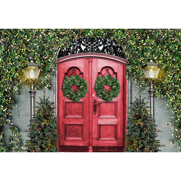 Avezano Red Door with Christmas Wreath Photography Backdrop