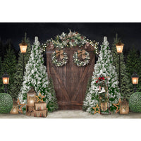 Avezano Wood Door with Wreath in Christmas Trees Photography Backdrop