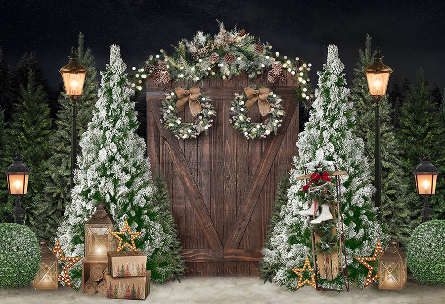 Avezano Christmas Snow Scene Fireplace Photography Backdrop Room Set