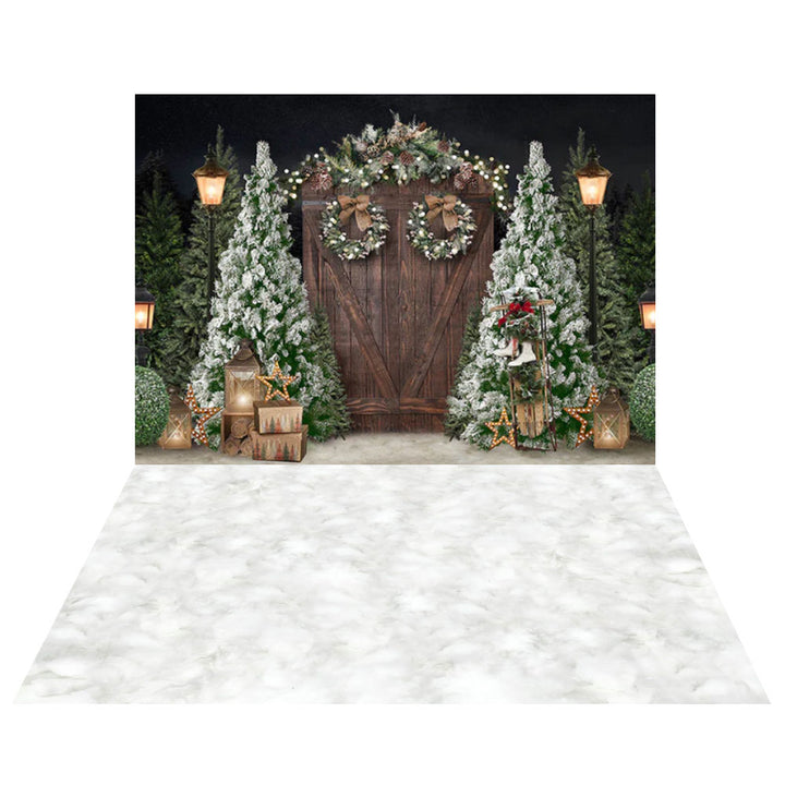 Avezano Wood Door With Wreath 2 pcs Christmas Set Backdrop-AVEZANO