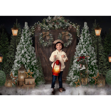 Avezano Wood Door with Wreath in Christmas Trees Photography Backdrop-AVEZANO