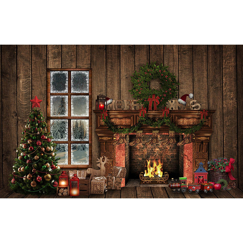 Avezano Wood Wall With Fireplace and Christmas Tree Photography Backdrop