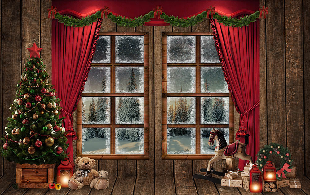 Avezano Wood Wall with Window and Christmas Tree Photography Backdrop