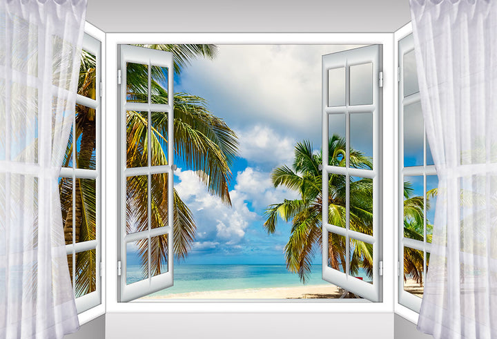 Avezano Summer Sea And Coconut Trees Outside The Window Backdrop-AVEZANO