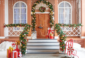 Avezano Christmas Decorated Door Photography Backdrop-AVEZANO