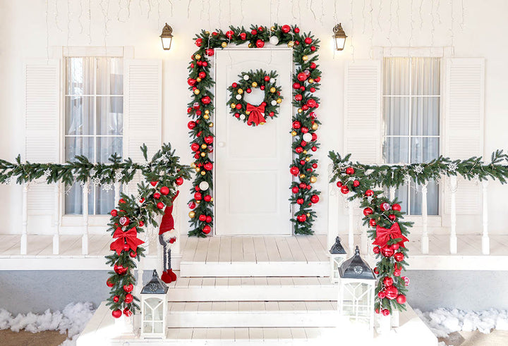 Avezano Christmas Decorated White House Door Photography Backdrop-AVEZANO