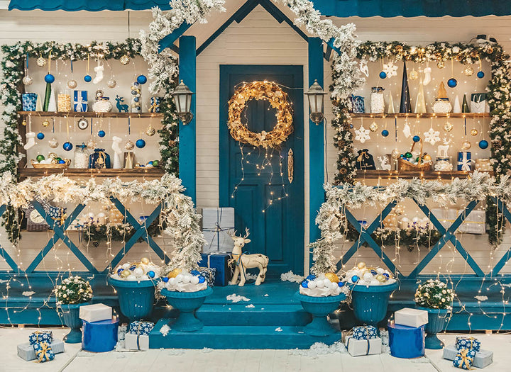 Avezano Christmas Decorated Shop Windows And Houses Photography Backdrop-AVEZANO