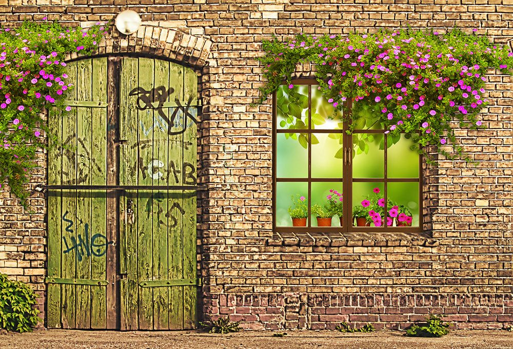 Avezano Brick Wall Windows And Doors Spring Photography Backdrop-AVEZANO
