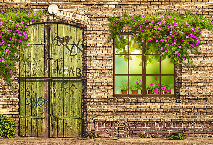Avezano Brick Wall Windows And Doors Spring Photography Backdrop-AVEZANO