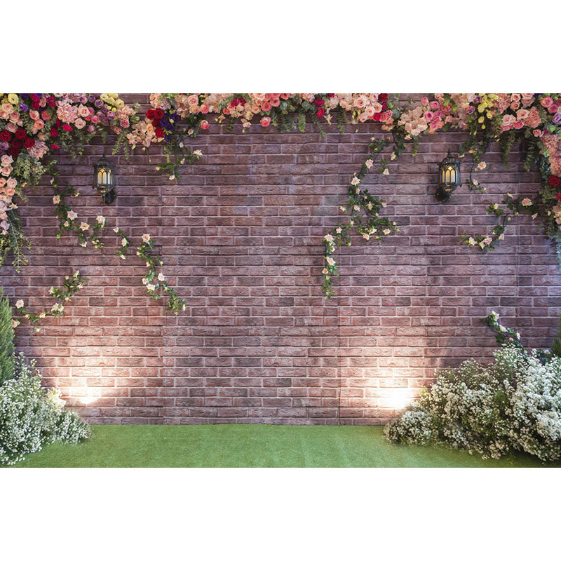 Avezano Brick Wall With Colourful Flowers And Green Plant Spring Photography Backdrop-AVEZANO