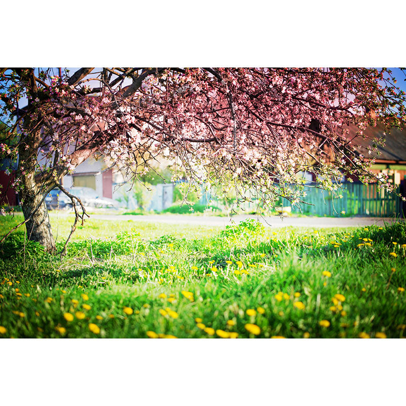 Avezano Green Lawns And Tree With Pink Flowers Spring Photography Backdrop-AVEZANO