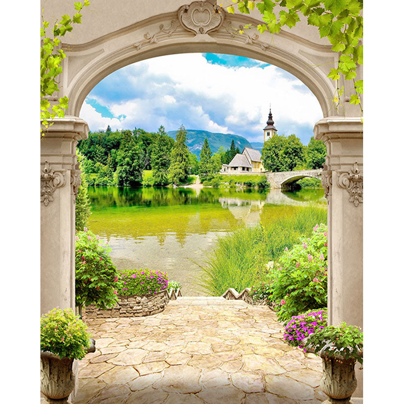 Avezano Door With A View Of Green Hills And Water Photography Backdrop-AVEZANO