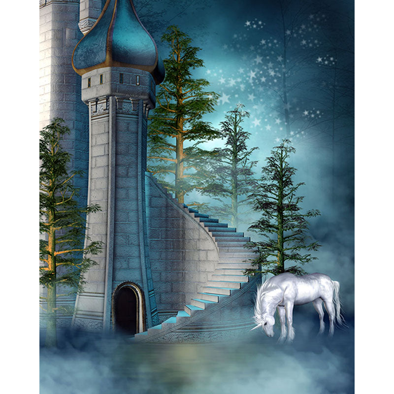 Avezano Fairy Tale Castle And White Unicorn Architecture Backdrop For Portrait Photography-AVEZANO
